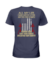 Load image into Gallery viewer, Lived By A Code Back Side T-Shirt Ladies Tee