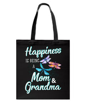 Load image into Gallery viewer, Happiness Is Being A Mom &amp; Grandma Black T-Shirt Basketweave Tote Bag