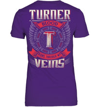 Load image into Gallery viewer, Turner Blood Runs Through Veins Black Quote Name T-Shirt Ladies V-Neck