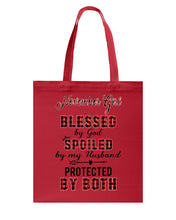 Load image into Gallery viewer, November Girl Blessed By Girl Spoiled By Husband Quote T-Shirt Basketweave Tote Bag