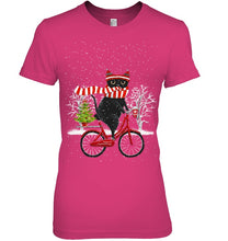 Load image into Gallery viewer, Winter Cat Riding Bicycle Christmas Gift T-Shirt Ladies Tee
