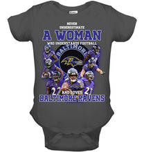 Load image into Gallery viewer, Woman Loves American Football And Baltimore Ravens Gift For Fans Baby Onesie