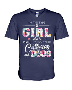 A Girl Who Is Happy With Cameras And Dogs Gift For Dog Lovers T-Shirt Guys V-Neck