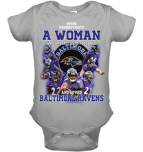 Load image into Gallery viewer, Woman Loves American Football And Baltimore Ravens Gift For Fans Baby Onesie