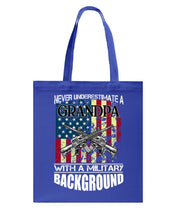 Load image into Gallery viewer, Never Underestimate A Grandpa Black T-Shirt Basketweave Tote Bag