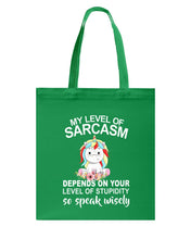 Load image into Gallery viewer, Unicorn Sarcasm Speak Wisely Funny Quote Basketweave Tote Bag