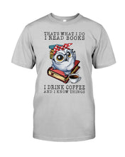 Load image into Gallery viewer, Cute Owl Read Books And Drink Coffee Funny T-Shirt Guys Tee