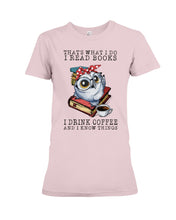 Load image into Gallery viewer, Cute Owl Read Books And Drink Coffee Funny T-Shirt Ladies Tee