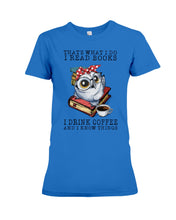 Load image into Gallery viewer, Cute Owl Read Books And Drink Coffee Funny T-Shirt Ladies Tee